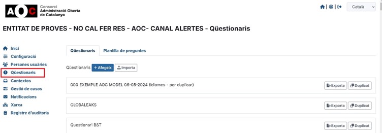 Accedir a l’opció del menú lateral Qüestionaris.